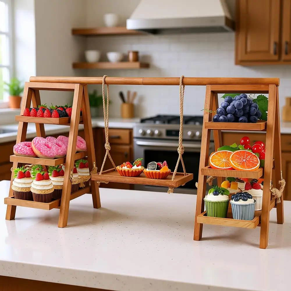 

Трехуровневая деревянная подставка для кексов с сервировочным подносом для вечеринок и торжеств (коричневая)