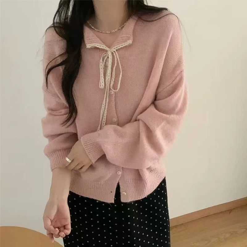 سترة صوفية بياقة مقلوبة من الدانتيل للنساء للخريف معاطف سترة غير رسمية بأزرار للنساء فضفاضة بأكمام طويلة ملابس خارجية دافئة للسيدات