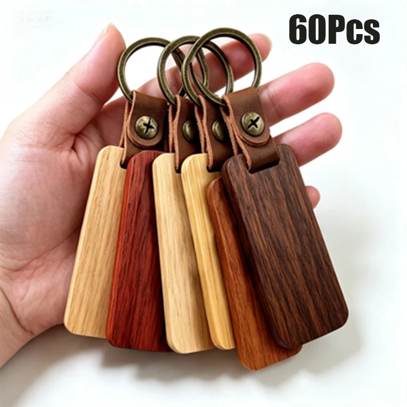 60Pcs Unfinished Wood Key Tags with Leather Strap & Key Rings