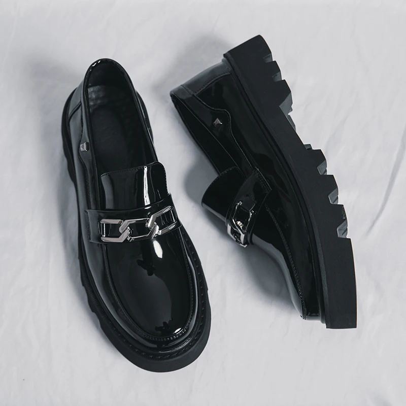 New Men Patent Leather Oxfords Slip On Thick Tottom For Male Derby Shoes Casual Original Loafers Mens Fashion Formal Dress Shoes