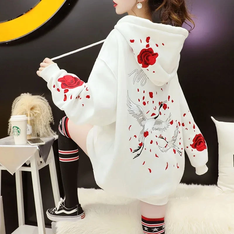 

Autumn Embroidery Warm Hoodie Sweatshirt Women New Loose Coat Sweatshirt Outwear Hoodies Tops Clothes Hooded Tops Elegant Female