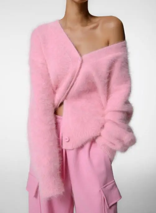 Sweter rozpinany z dzianiny imitującej wełnę norek, luźny i swobodny damski sweter z dekoltem w serek, jednolity kolor, idealny na jesień i zimę.