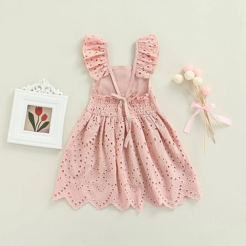 Newborn Baby\'s Clothes Girls Summer Dress Solid Color Lace Hollow-Out Square-Neck Flying Sleeve Children\'s Clothing Set 1-5Y