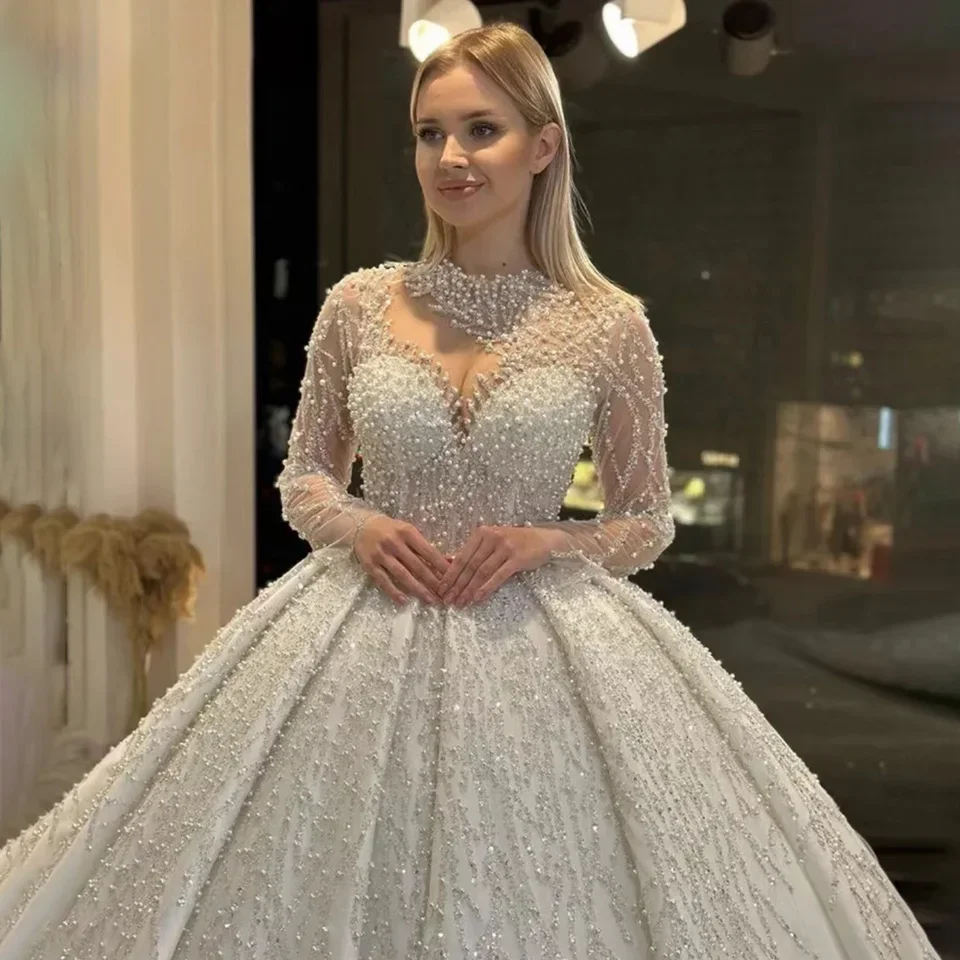 

Gorgeous Sparkly Crystal Sequin Wedding Dresses High Neck Beaded Long Sleeves Ball Gown Aso Ebi Bridal Bride Gowns Vestidos
