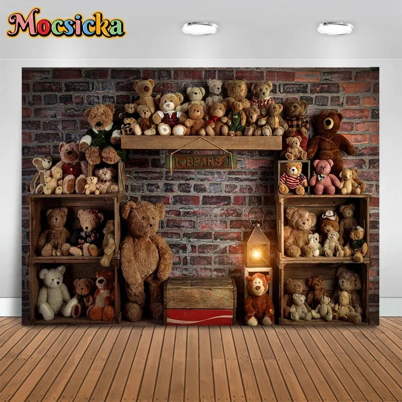 

Mocsicka Photography Background Cute Girl Happy Birthday Teddy Bear Brick Wall Backdrop Cake Smash Kids Portrait Art Photo