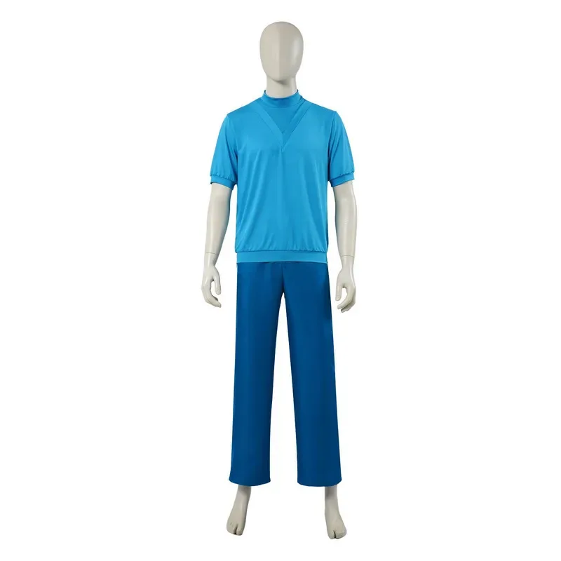 

Movie My Cos Craft Steve Cosplay Costume Set Retro Futuristic Style Blue Tshirt Cosplay Role Play Suit Adventure Outfit For Men