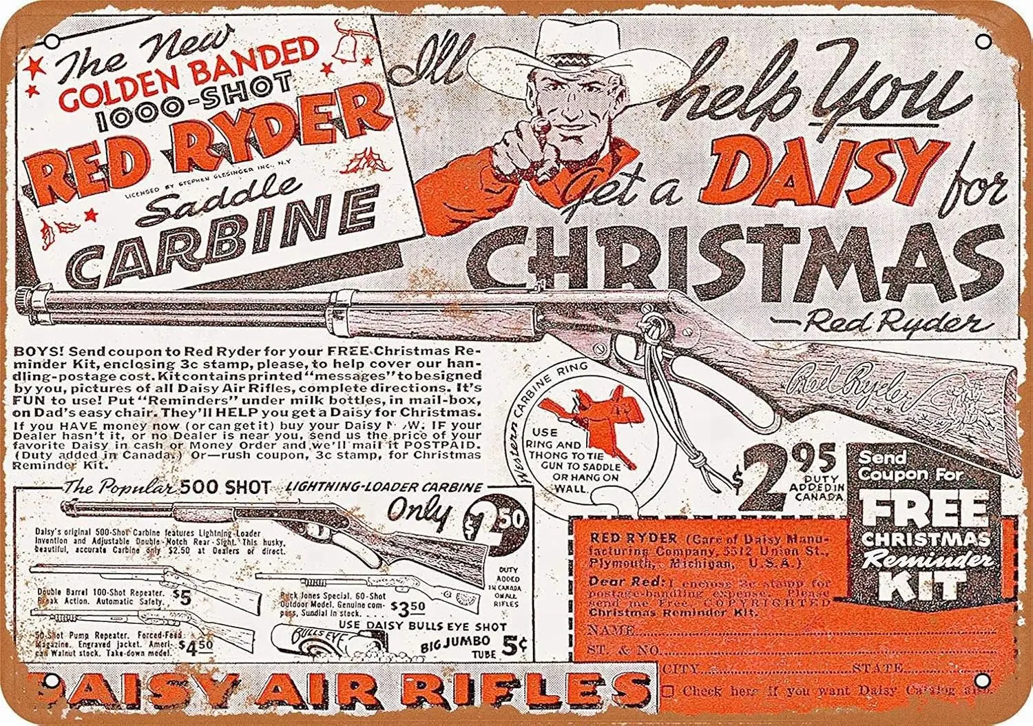 8 x 12 Metal Sign - Daisy Red Rider BB Gun - Vintage Wall Decor Art sign