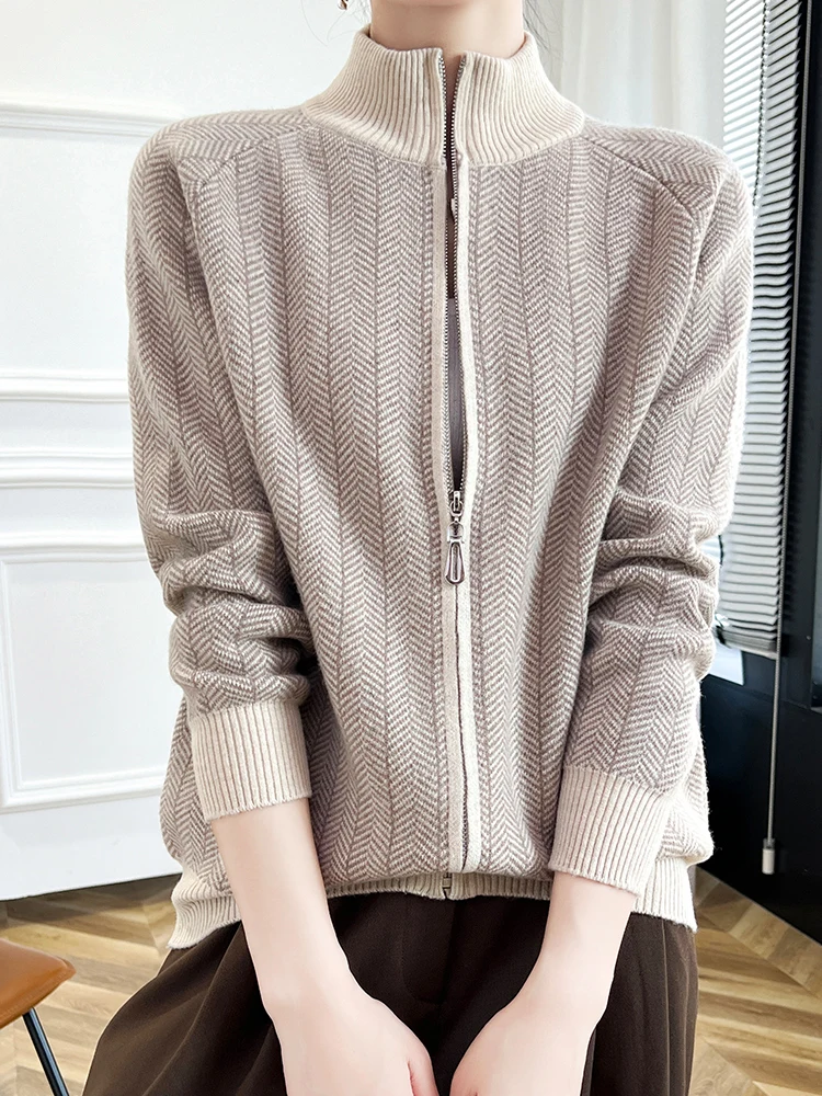 Autumn and winter new 100% pure wool cardigan women's stand collar zipper thick sweater jacket loose cashmere knitted top