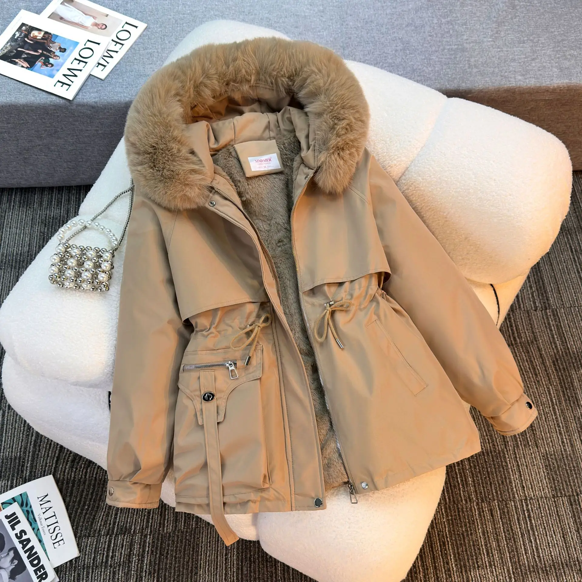 Pie overcome women's hooded big fur collar fashion versatile simple cotton-padded women's cotton-padded clothes