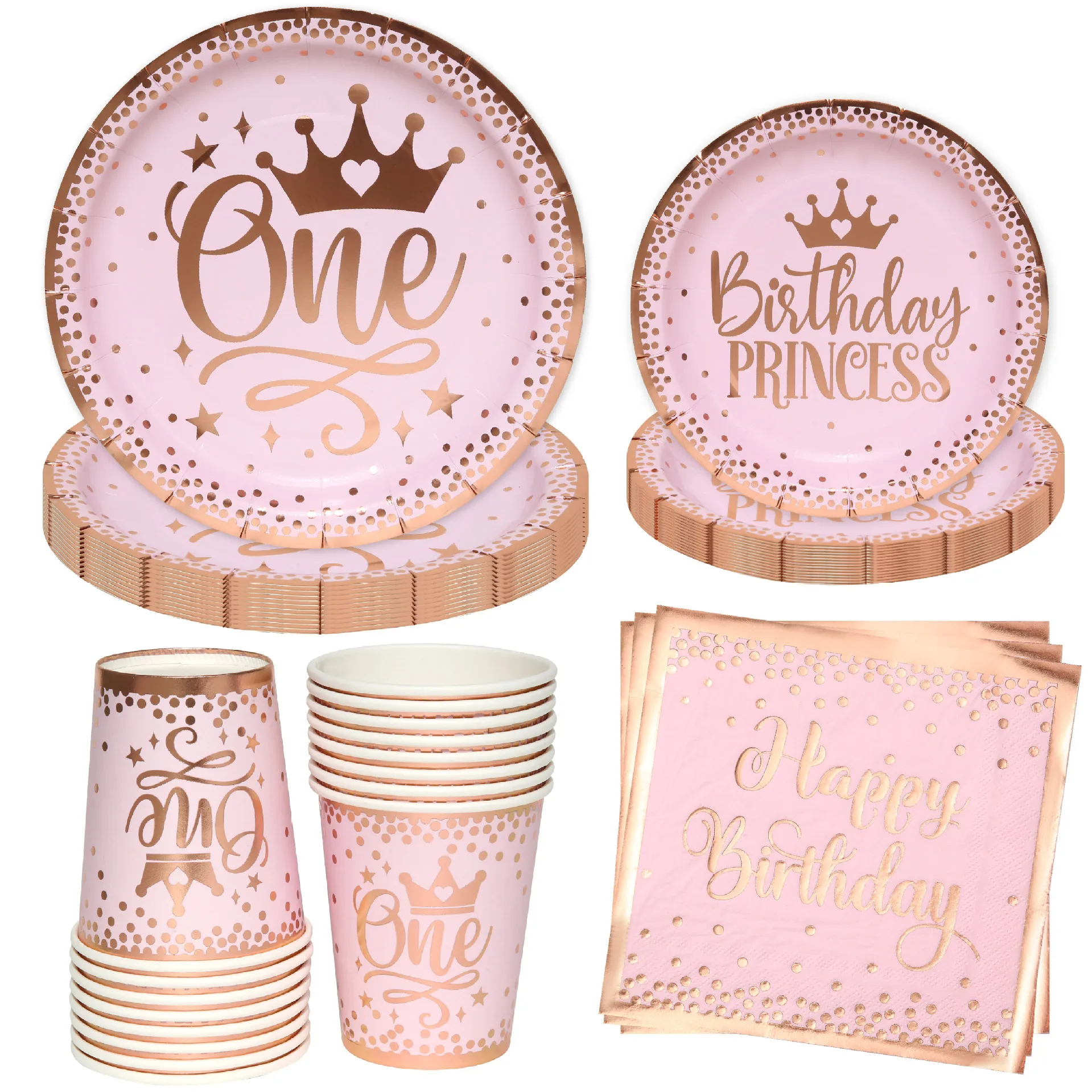 8Guests Pink One Birthday Disposable Tableware Crown One Plates Paper Cups 1st Baby Princess Girl First Happy Birthday Party