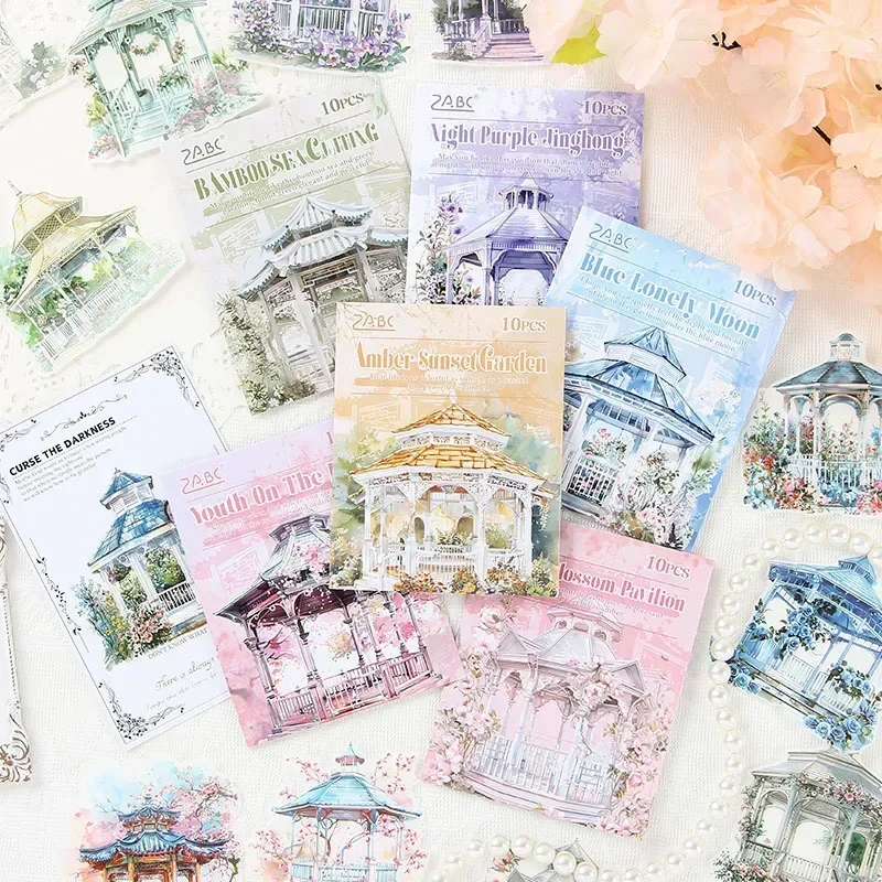 10 Pcs/bag Pavilion in The Garden Watercolor Pergola Plants Washi Paper Sticker Bag ScrapbookING Journal DIY Decorative Collages