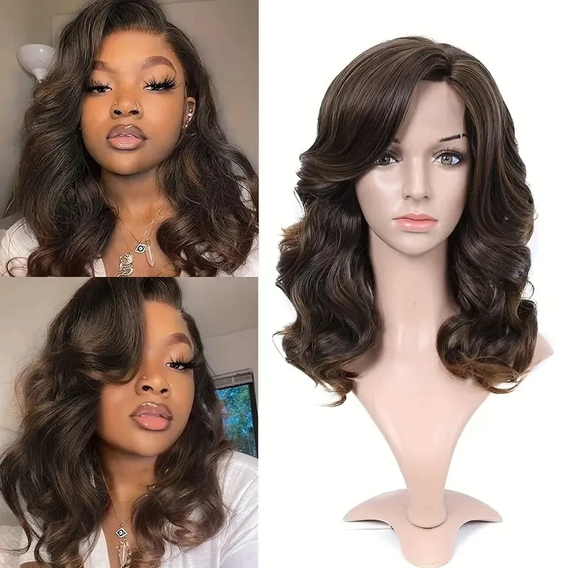 

, fashionable side-parted wavy curly hairpiece, front lace natural wig