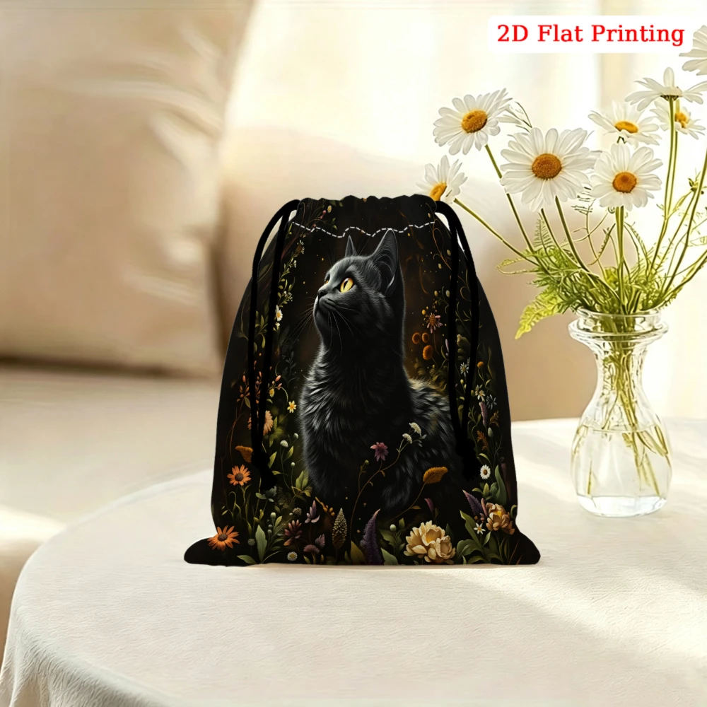 1pc Fashion Drawstring Bag Black Cat Floral Print Storage Small Pouch Travel Cosmetic Organizer Gift For Women Portable Lightwei