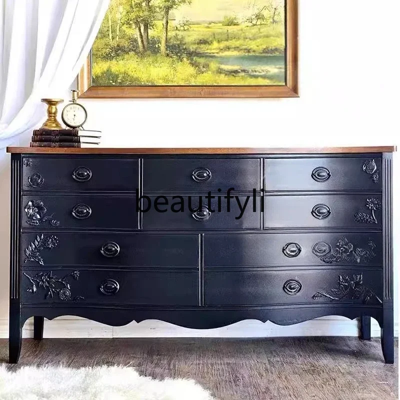 

American retro solid wood carved chest contrasting color wall integrated locker bedroom6239