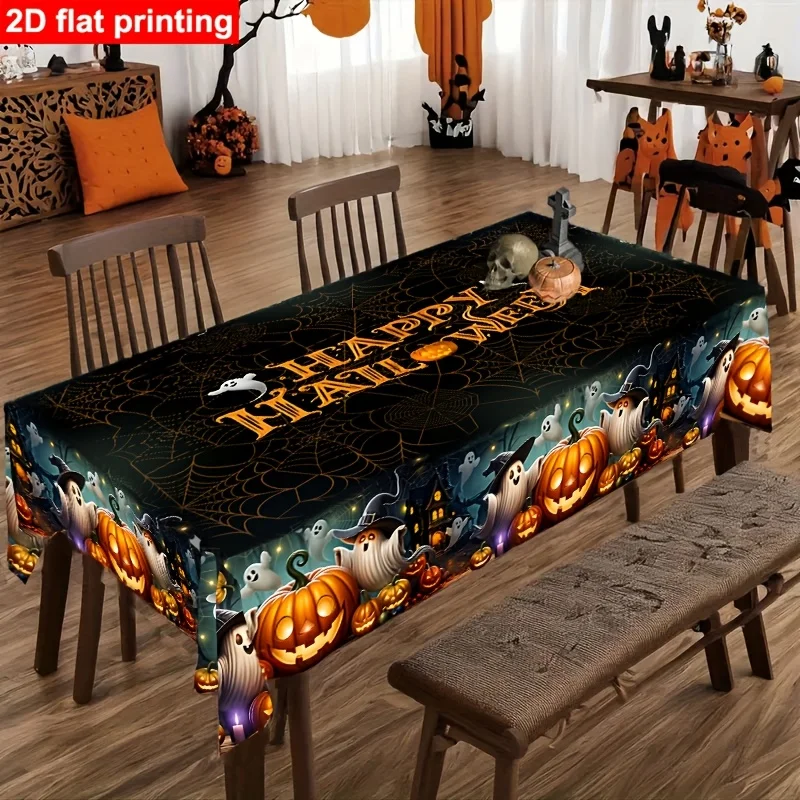 1 PC 2D flat-print Halloween pumpkin ghost tablecloth, spider web haunted house witch hat dark rectangular tableclothztc
