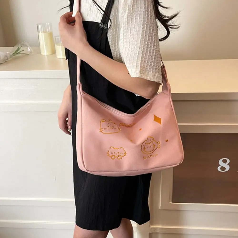 Borsa a tracolla con gatto carino di grande capacità Ricamo Nuova borsa a tracolla con tracolla alla moda Borsa da pendolarismo casual in stile Kawaii