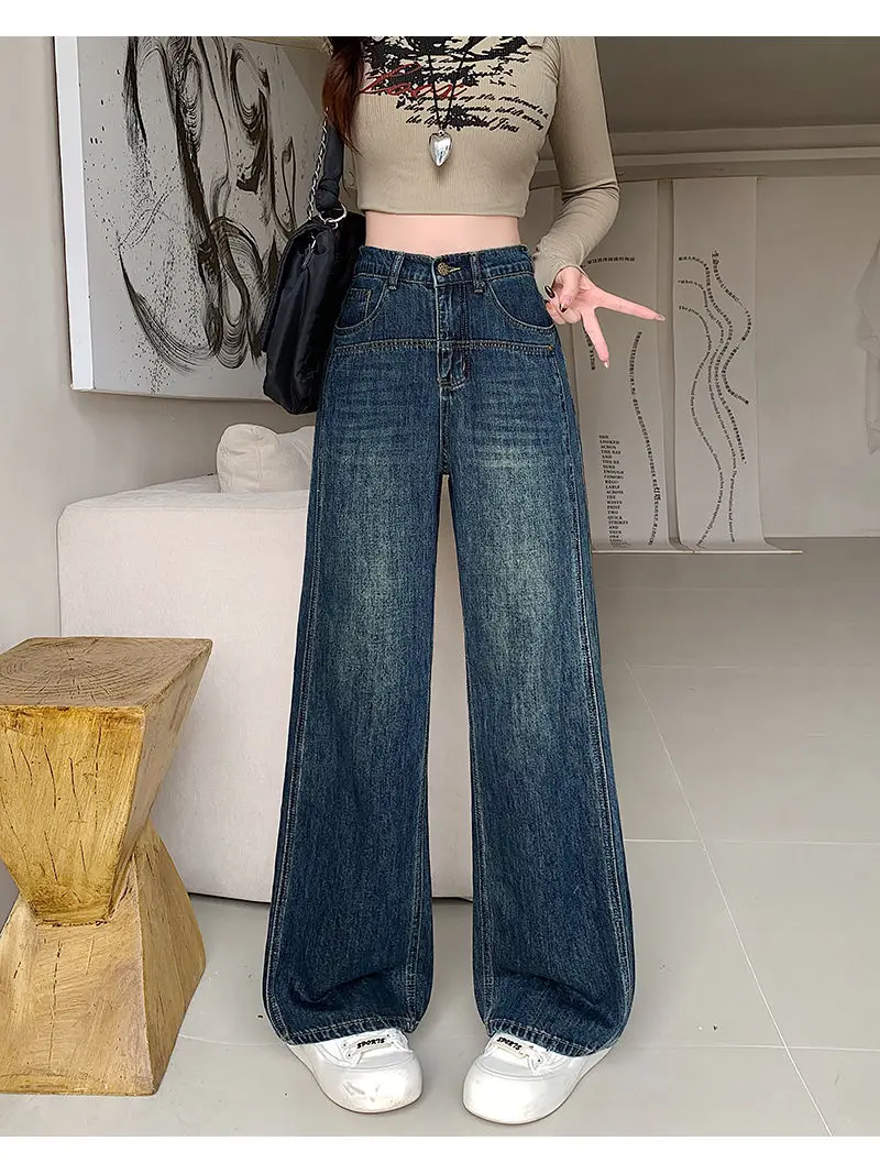 New High Waisted Straight Leg Pants Retro Wide Leg Pants Loose and Versatile Floor Length Denim Pants