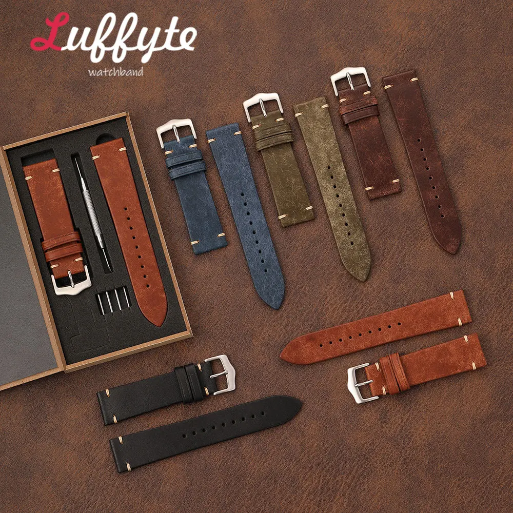 Men Retro Calfskin Genuine Leather Watch Strap 20mm 22mm with Gift Packing Box Business Casual Strap Watch Accessories
