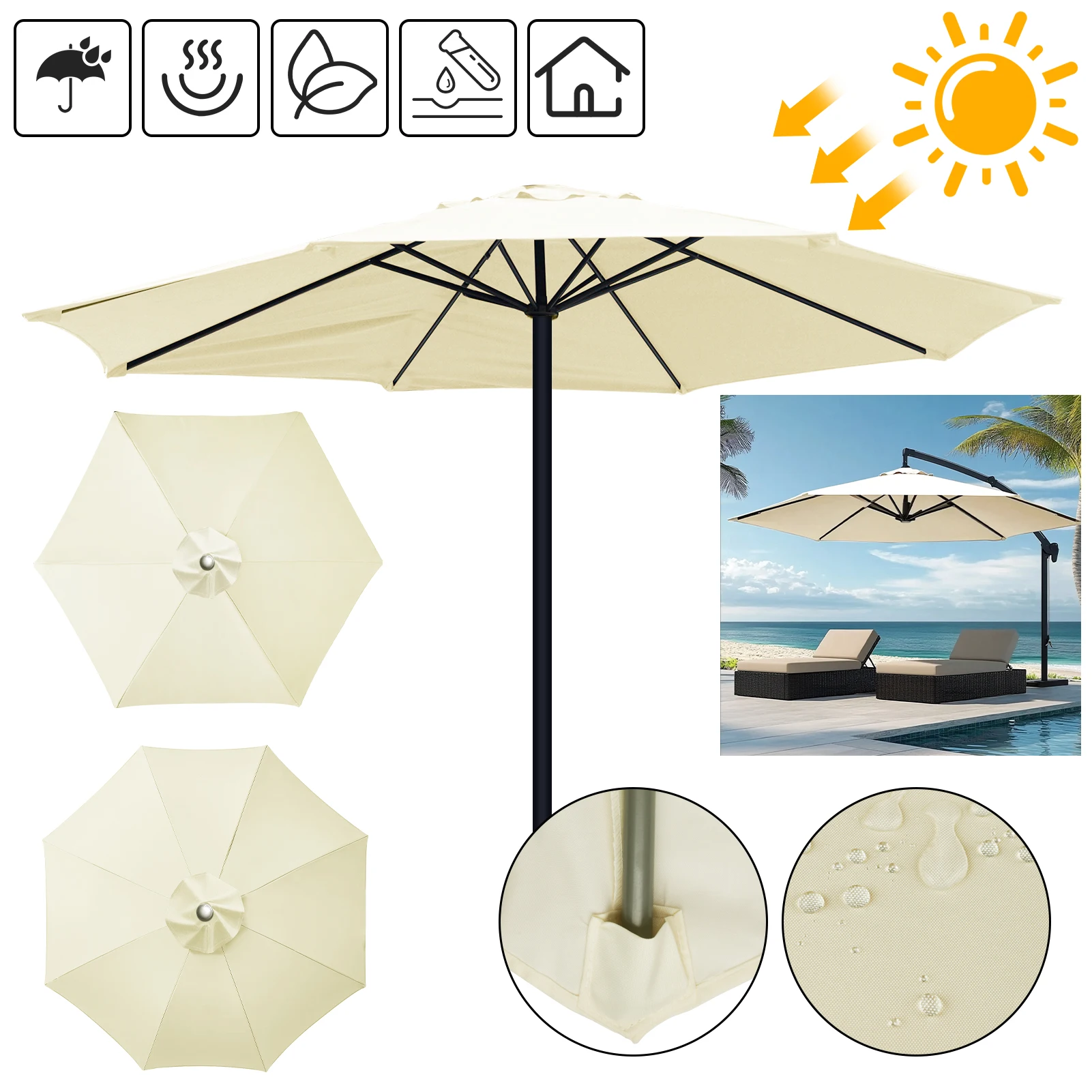 Waterproof Parasol Umbrella Cover Parasol Replacement Cloth Sun Shade Sail for 6/8Ribs Outdoor Patio Garden Parasol Canopy Cover