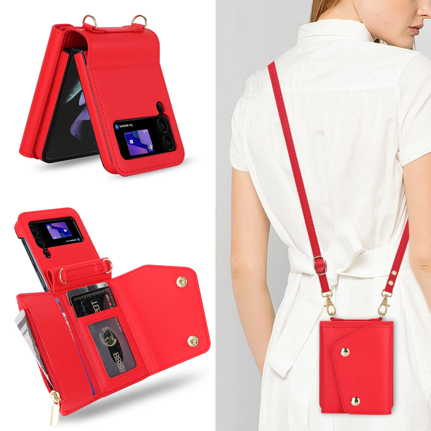 

Crossbody Leather Wallet Cards Solt For Z Flip 7 6 5 4 3 5g Flip6 Flip5 Flip7 Long Lanyard Rfid Card Solt Cover Fundas