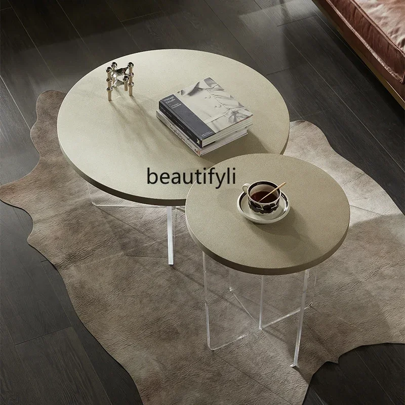 yj58 Nordic Modern Minimalist Living Room Small Apartment Coffee Table Combination Acrylic Cement Paint round Light Luxury