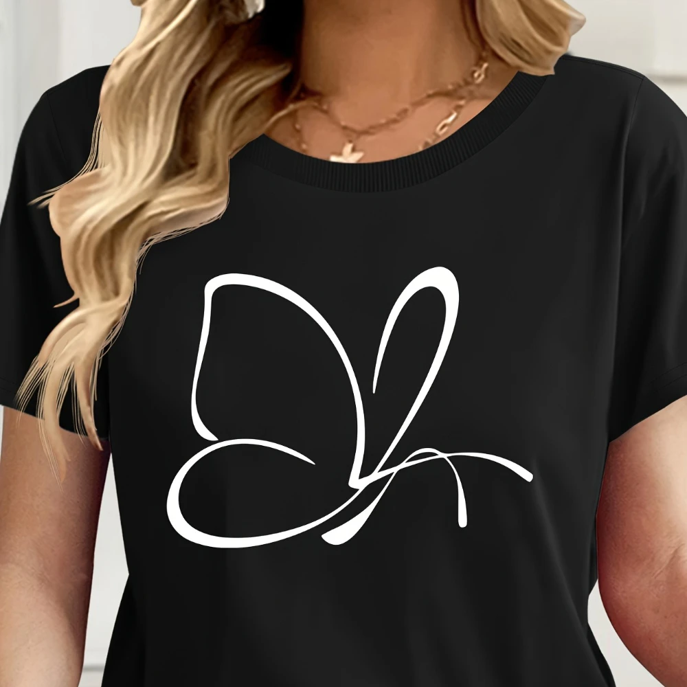 

T-shirt casual da donna con stampa farfalla - Top estivo a maniche corte con scollo tondo morbido, design semplice ed elegante