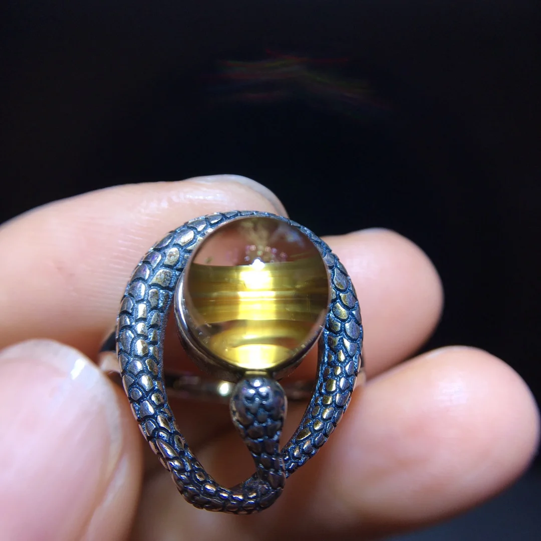 Natural Gold Rutilated Quartz Adjustable Ring 9.1mm Round Cat Eye Women 925 Sterling Silver Wealthy Rutilated Jewelry AAAAAA