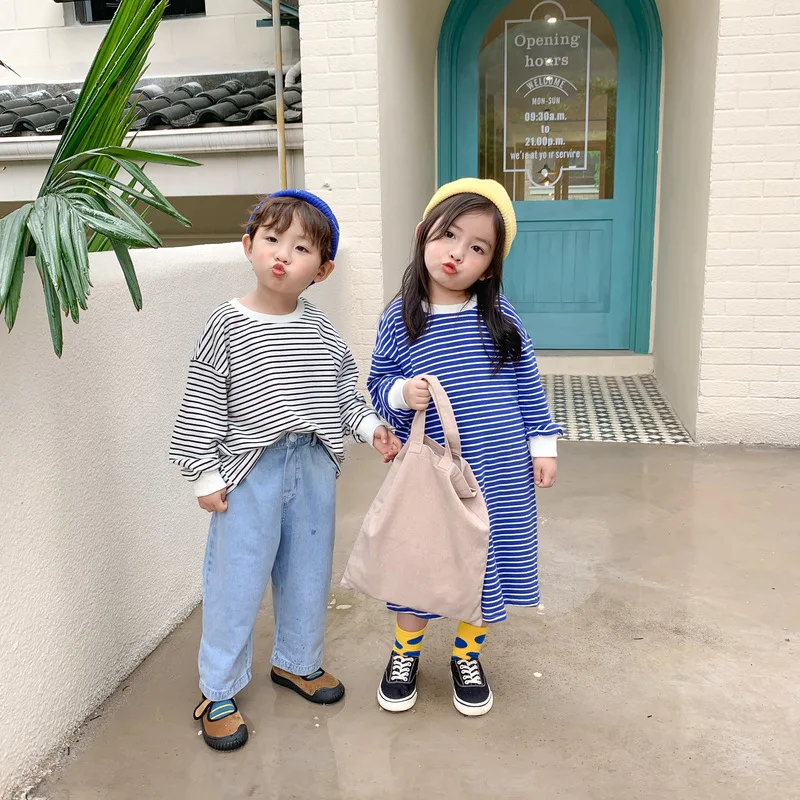 2024 Korean Spring Autumn Toddler Sibling Look Striped Cotton Loose Pullover Dress Long Sleeve Bottoming Shirts Infant Outfit