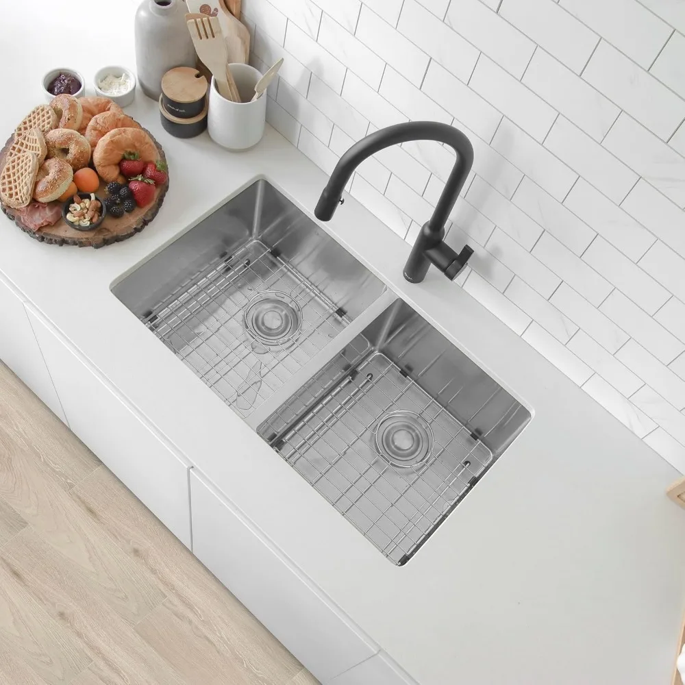 Undermount Kitchen Sink 30 x 18 inch Stainless Steel 16 Gauge Double Bowl Sinks with Bottom Grids and Luxury Basket Strainers