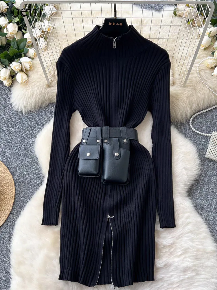 Style High-end Stand Up Collar Zipper Slim Fit Slimming Knitted Dress Women, Collection Waist Bag