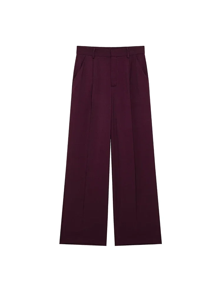 Willshela Women Fashion Wine Red Pleated Front Zipper Straight Pants Vintage High Waist Full Length Female Chic Lady Trousers