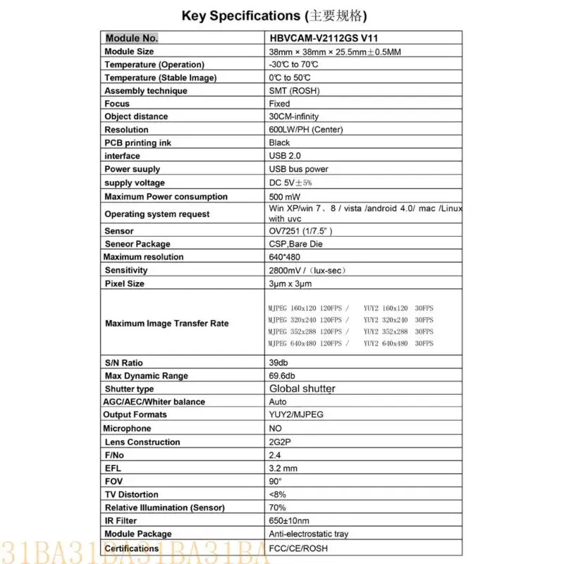 652F Profissional Ov7251 Global Shutter Câmera para imagens rápidas Operação eficiente compatível com Winxp Win7 Win8 Win10