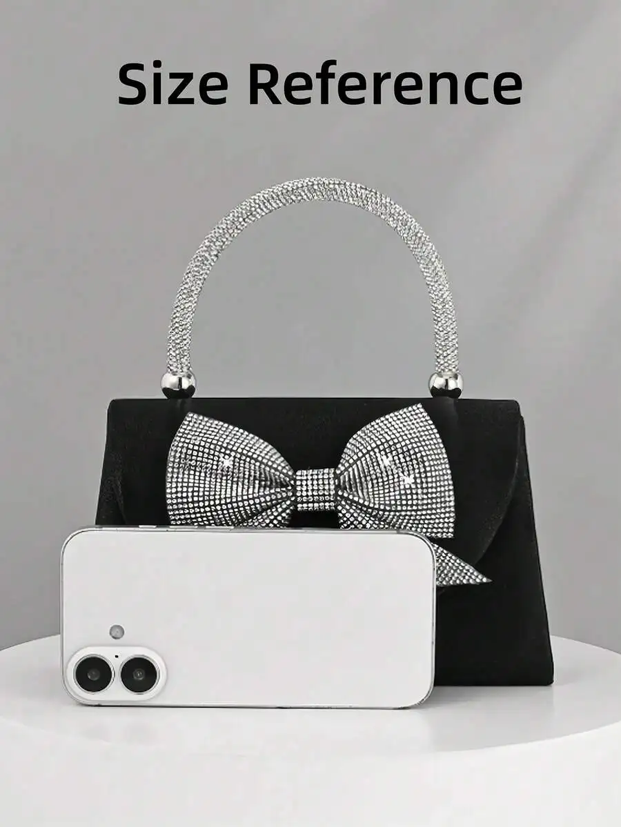 

Womens Rhinestone Clutch Bag With Bow And Faux Pearl Handle Black Evening Party Purse