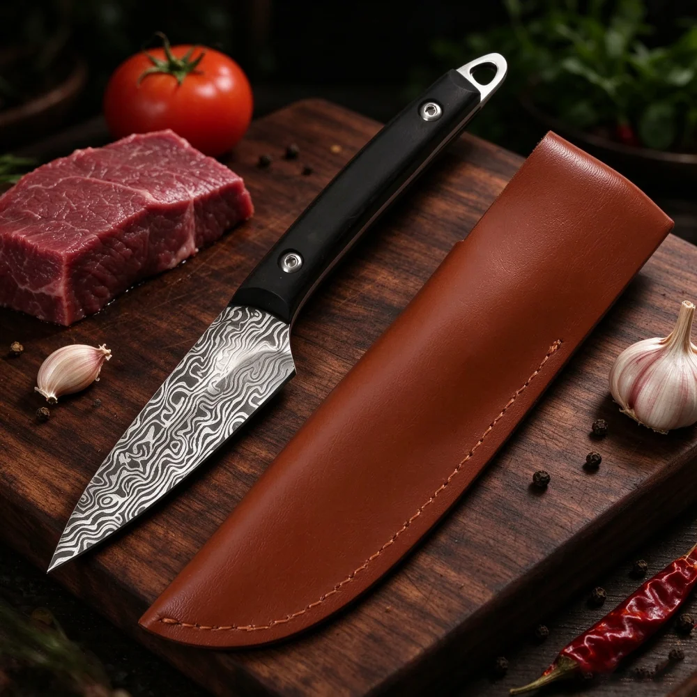 Premium Kitchen Utility Fruit Knife, Damascus Veins Stainless Steel Paring Knife with Black Pakkawood Handle for Kitchen Tools