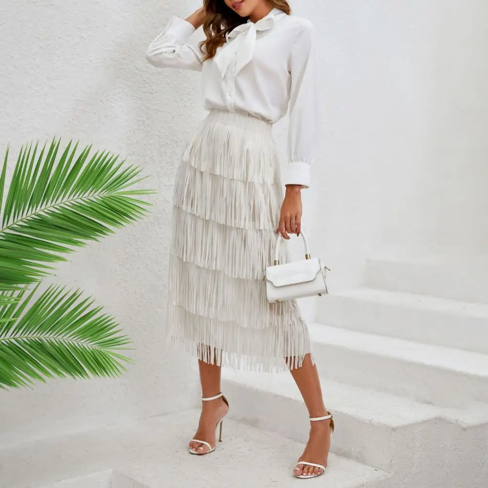 Women Skirt Stylish Women's Midi Skirt with Elastic Waist Fringed Detail A-line Silhouette for Leisure Beach Daily Wear Fringed