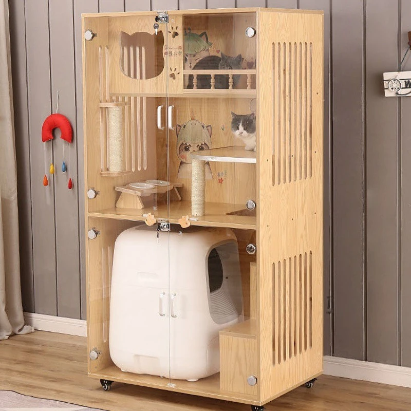 Solid wood cat cage luxury cat villa cat display cabinet tempered