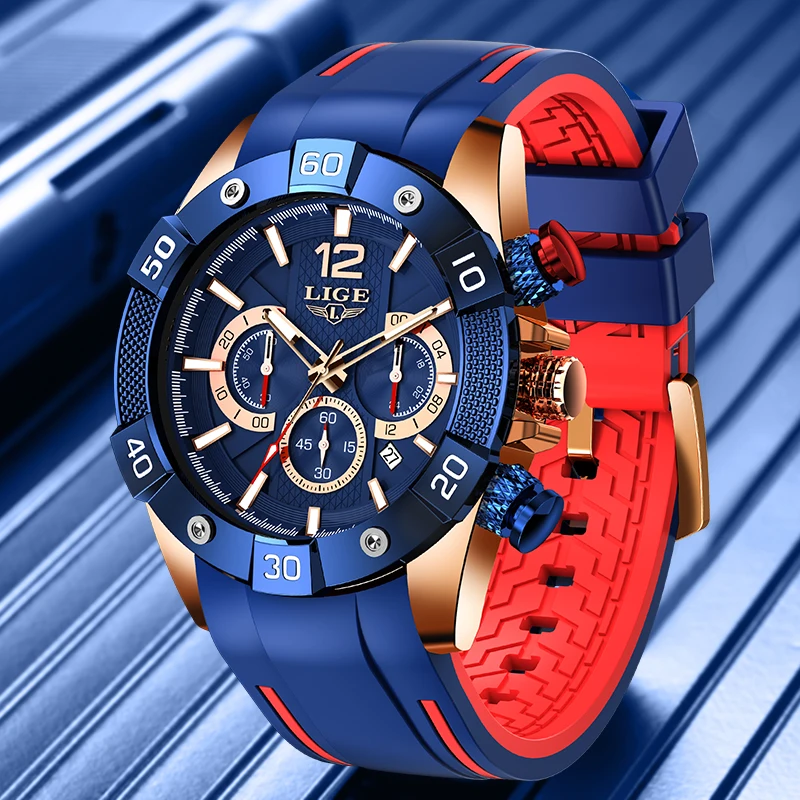 

Новые мужские кварцевые наручные часы LIGE, модные синие силиконовые водонепроницаемые светящиеся часы для мужчин, спортивные часы для активного отдыха, военный хронограф