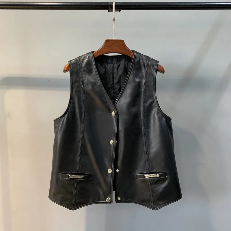 Women's Sheepskin Leather Vest, Female V-Neck Waistcoat, Single Row, Metal Buckle, Black Casual Vest, Spring, Autumn