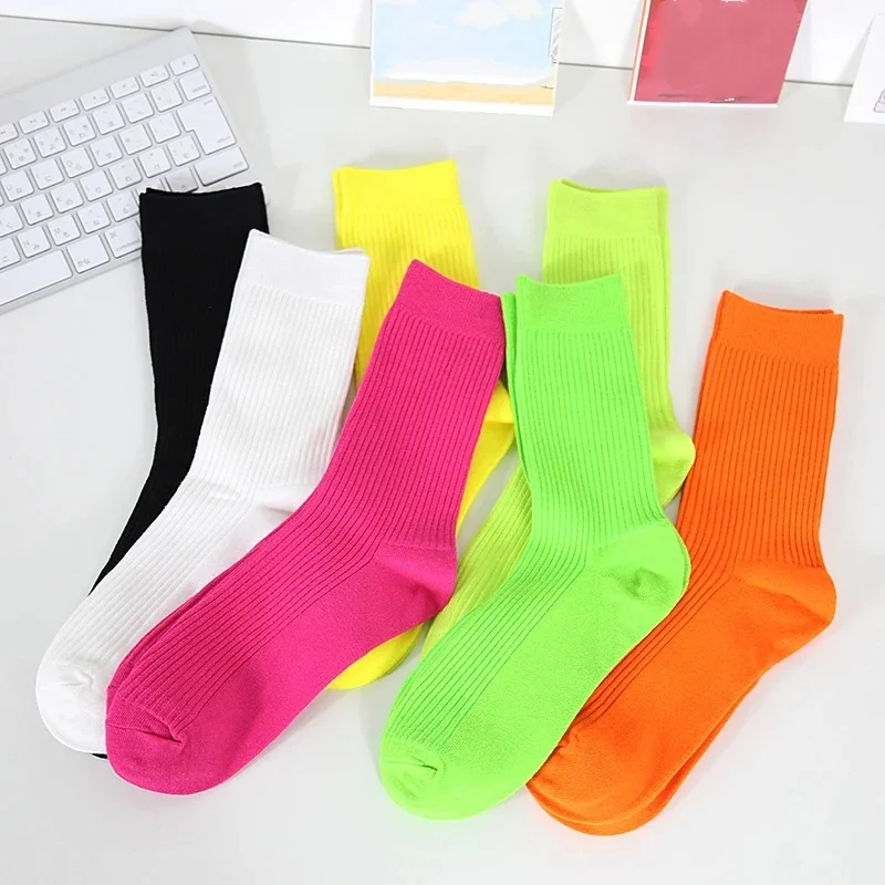 Chaussettes côtelées pour hommes, couleur unie, bonbon brillant, vert Fluorescent, jaune néon, Sport coréen, fête d'halloween, Orange, rose