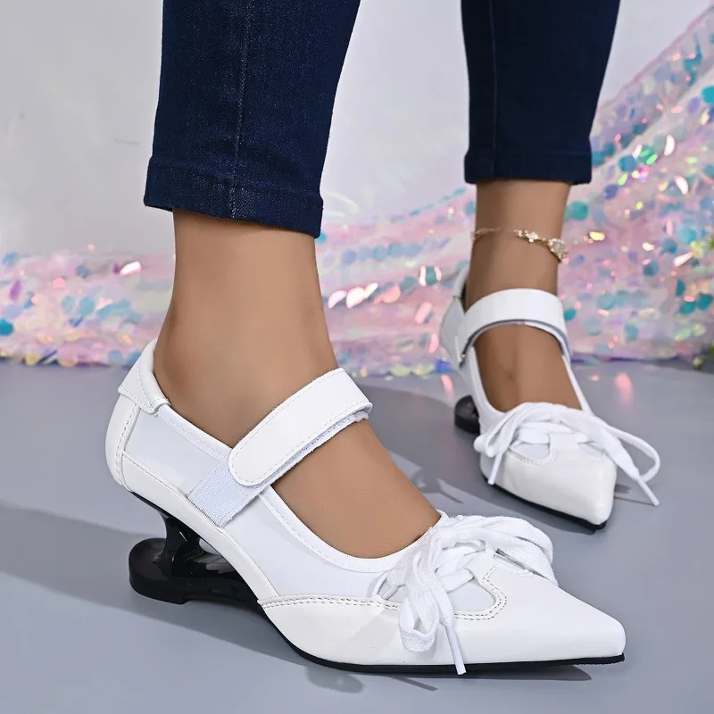 Pointed Toe Shallow Bow Alien Heel Mary Jane Shoes Women French Bow Sweet Wedge Heel Slip