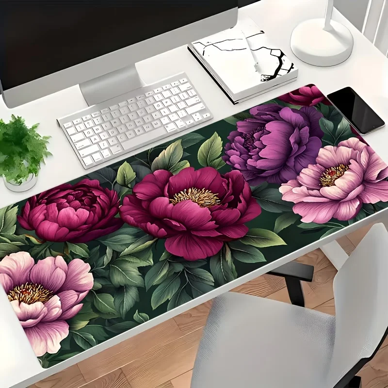 Large Dark Green Base with Purple-pink Peony Decoration Gaming Mouse Pad, an Ideal and Perfect Gift Choice for Gamers as an Extra-long Desk Mat and Stylish