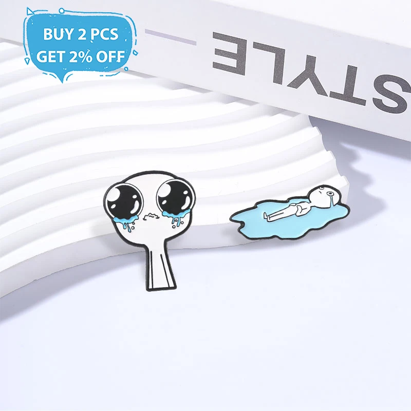Cartoon Drowning Man Badge Crying Big Eyes Alien Enamel Pins Fashion Lapel Brooches Backpack Clothes Jewelry Gift for Friends