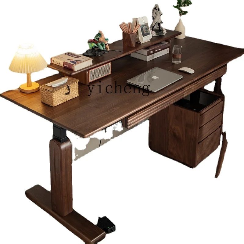 

Zf Black Walnut Wood Lifting Computer Desk Simple Solid Wood Office Adjustable Smart Study Desk