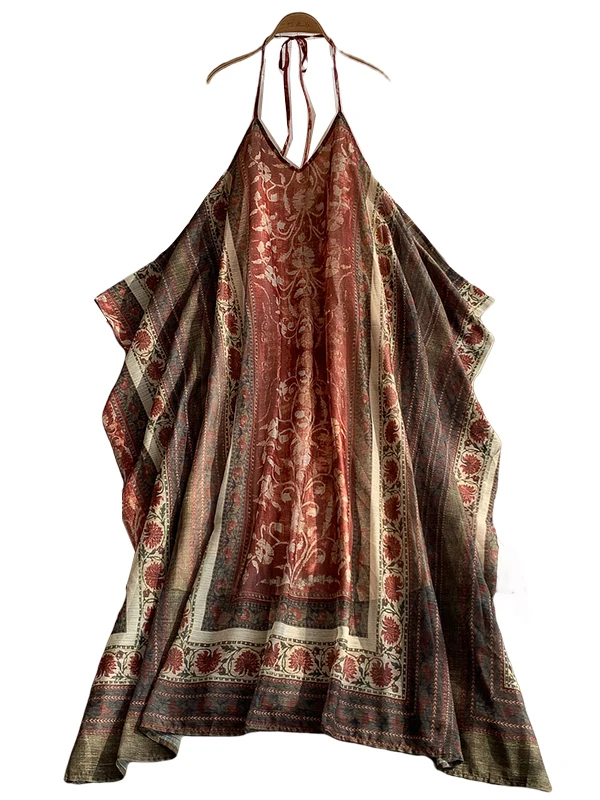 Vaion Sexy Bal V-Ne Hanging Ne Dr Women Summer Retro Print Asymmetrical Loose Belly Concealing Long Dr