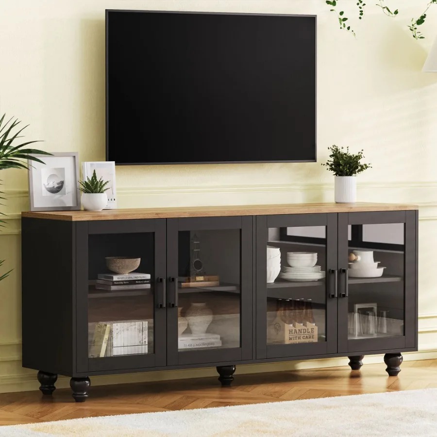 ON-TREND Farmhouse TV Stand with Tempered Glass Doors for TVs Up to 70
