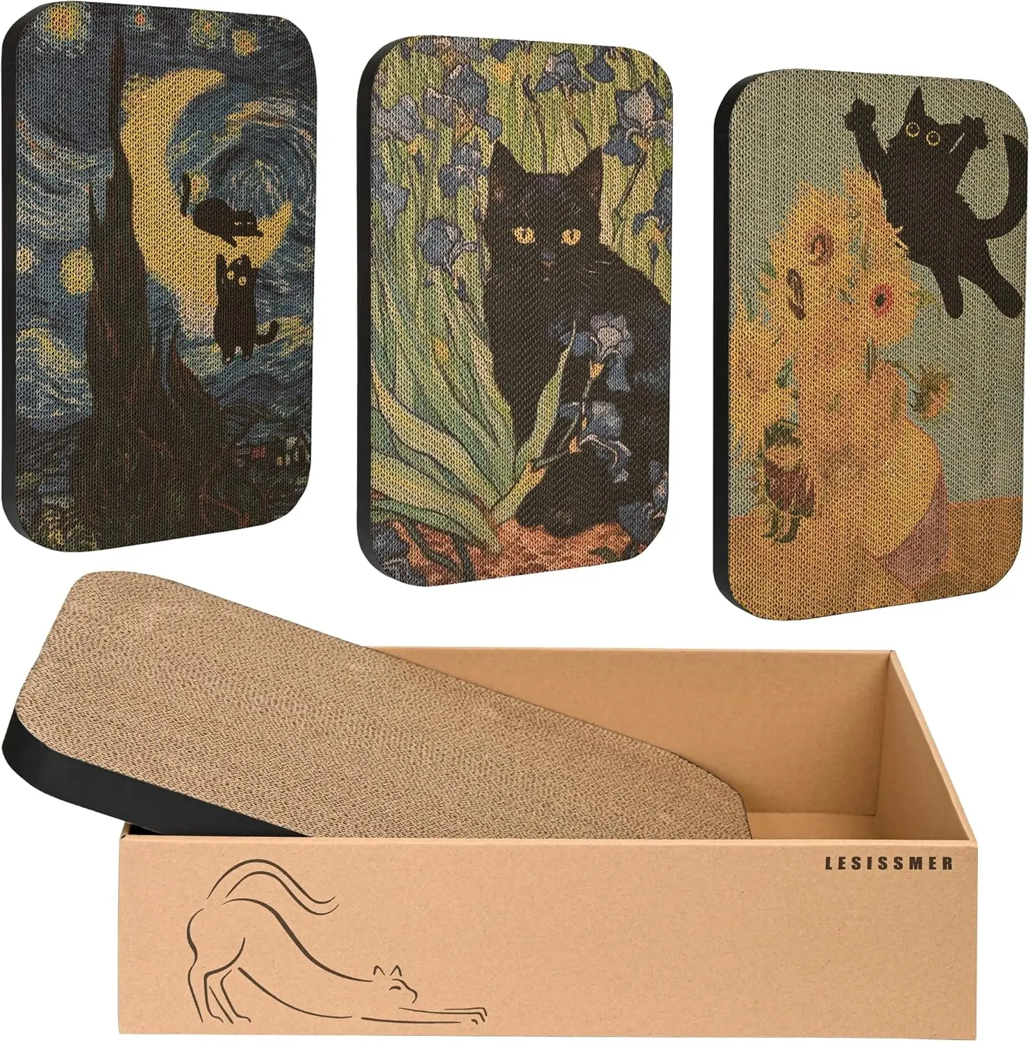 

Art Cat Scratcher, 3 Packs Wall-Mountable Art Cat Scratching Board with Box, Cat Wall Scratcher, Cat Scratch Pad, Cardbo