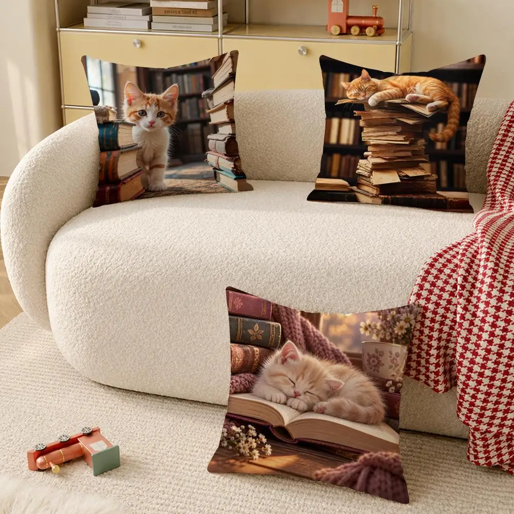 Cozy Reading Cat Cute Gift Cushion Cover Pillow Case Organic Short Plush Cushion Covers Washable Wrinkle-Resistant