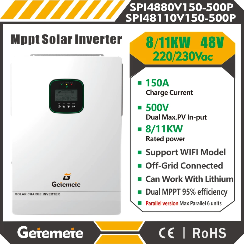 GTMT 8KW/11KW 48V To 230VAC Dual MPPT Max 22A Charge Current Max PV 500V Hybrid Solar Inverter time-slot Peak current