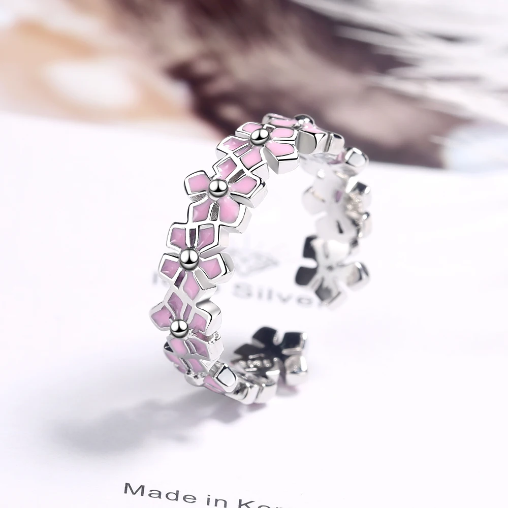925 Sterling Silver Pink Enamel Flower Open Ring Pink Wreath Finger Ring Stacking for Women Birthday Gift Sweet Fine Jewelry