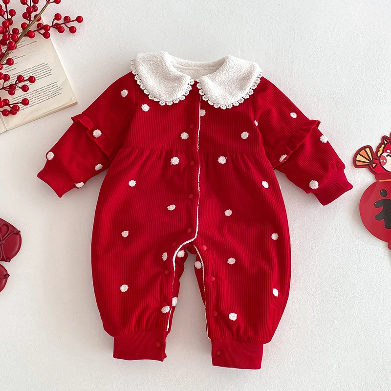 2025 New Winter Baby Girl Thicken Warm Clothing Toddler Baby Girl Thicken Warm Romper Long Sleeves Corduroy Printing Jumpsuit